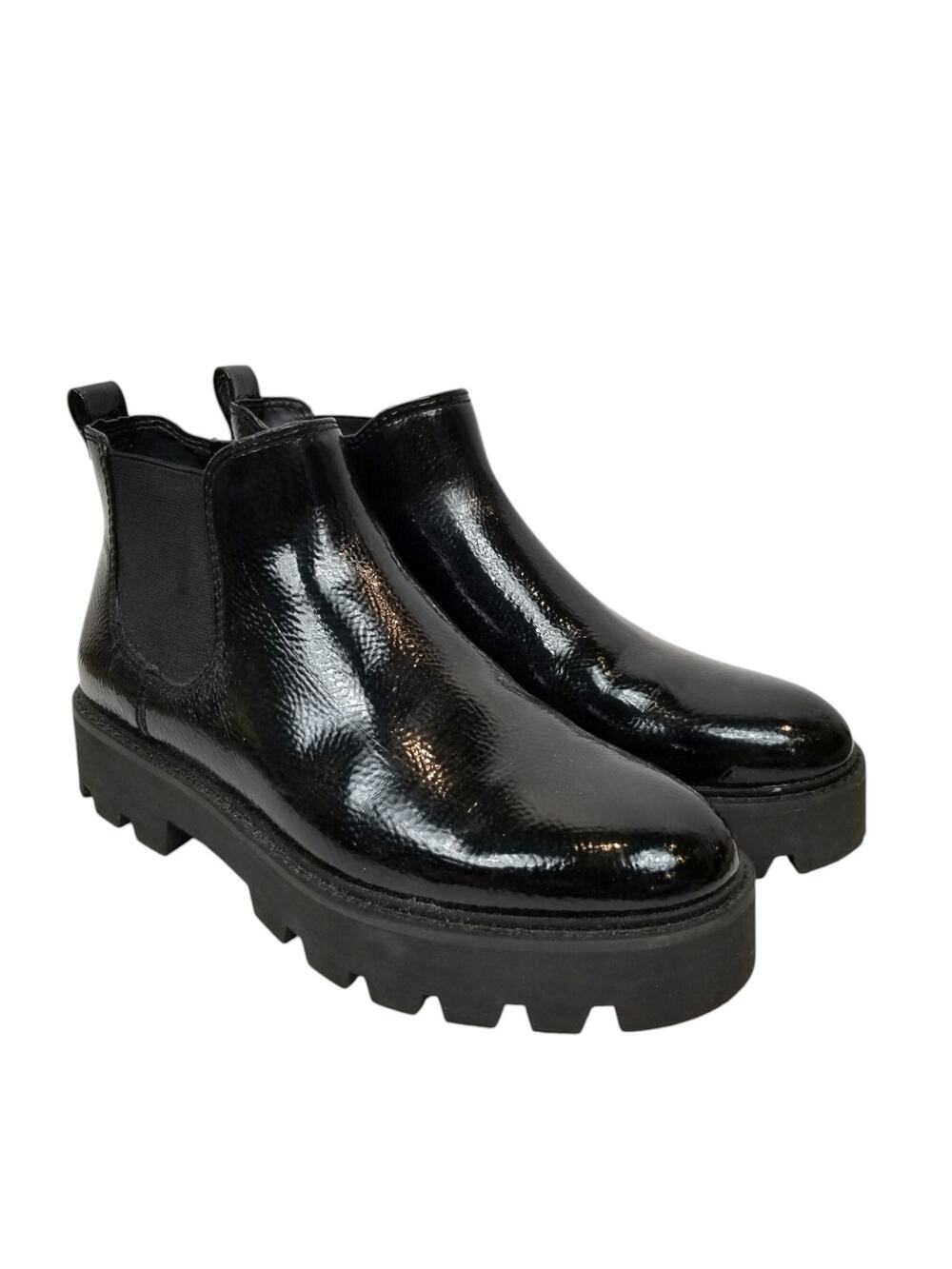Franco Sarto Balin Booty Black Patent Faux Leather Lug Chelsea Ankle Boot 6.5